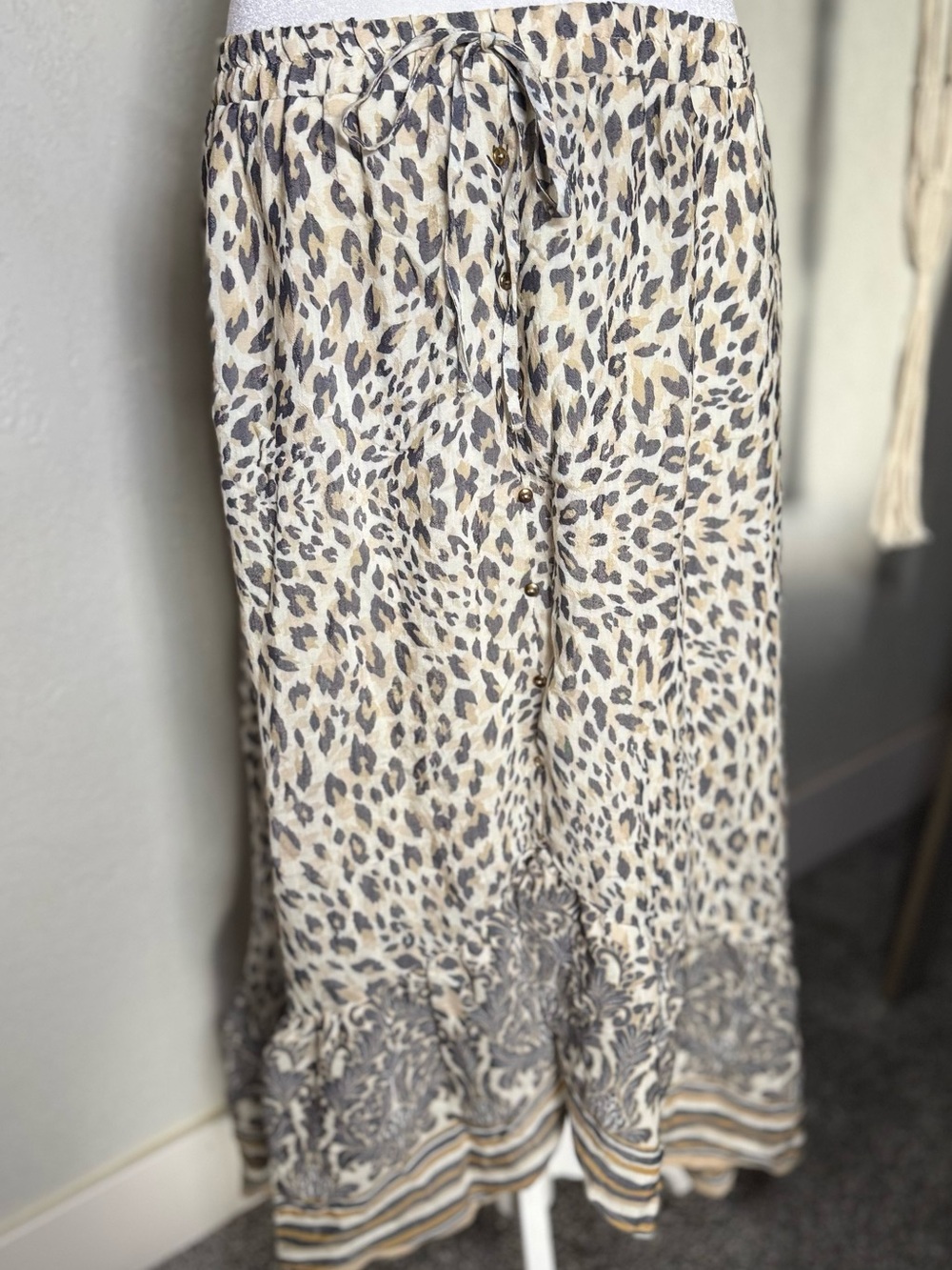 Neutral Leopard Print Maxi Skirt with Drawstring Waist